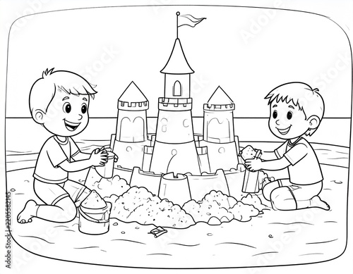  Children building sandcastle on the beach black and white coloring book page