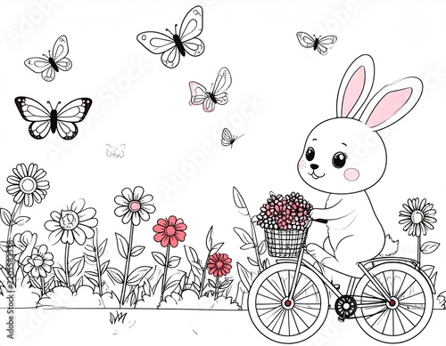 Black and white coloring book page easter bunny and easter eggs