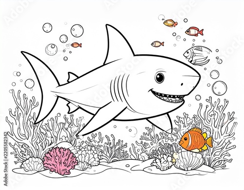 Black and white coloring book page shark and fish