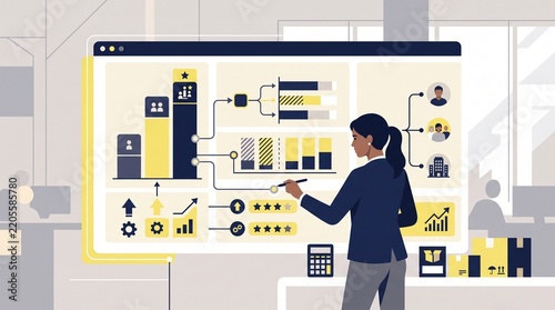 Professional Woman Analyzing Business Data, Workflow, and Analytics on Large Interactive Digital Dashboard in Office