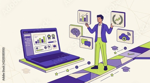 Professional navigating online learning, skill development, and career growth path with digital tools, data analysis, and technology
