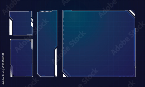 Futuristic UI frames in various shapes and sizes on a dark blue background.