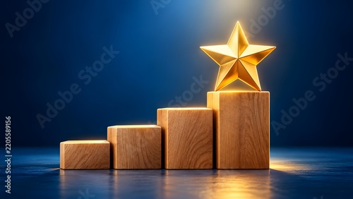 Golden star award on wooden podium steps symbolizing success achievement and reaching the top illuminated by warm light against a dark blue background.
