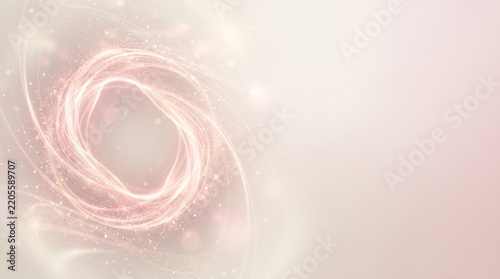 Abstract glowing ring of rose gold energy with sparkling particles and swirling light trails on a soft pastel background for technology, beauty, and premium branding concepts.