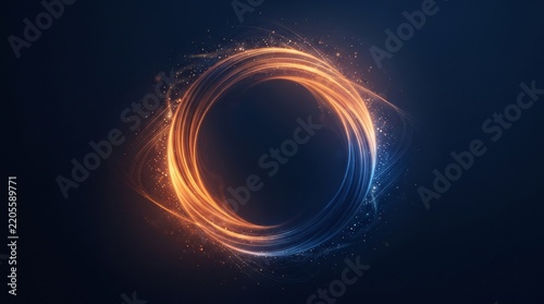 Abstract circular portal of glowing orange and blue light trails with swirling luminous particles and sparks on a dark background, depicting energy fusion and centrifugal motion.