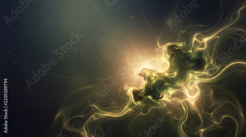 Abstract golden plasma cloud with illuminated gaseous wisps and glowing particles on a dark background, cosmic energy nebula featuring swirling light trails and ethereal smoke.