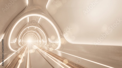 Futuristic high-tech white tunnel with glowing circular light rings and golden light streaks on a reflective floor in a clean, minimalist science fiction architectural space.