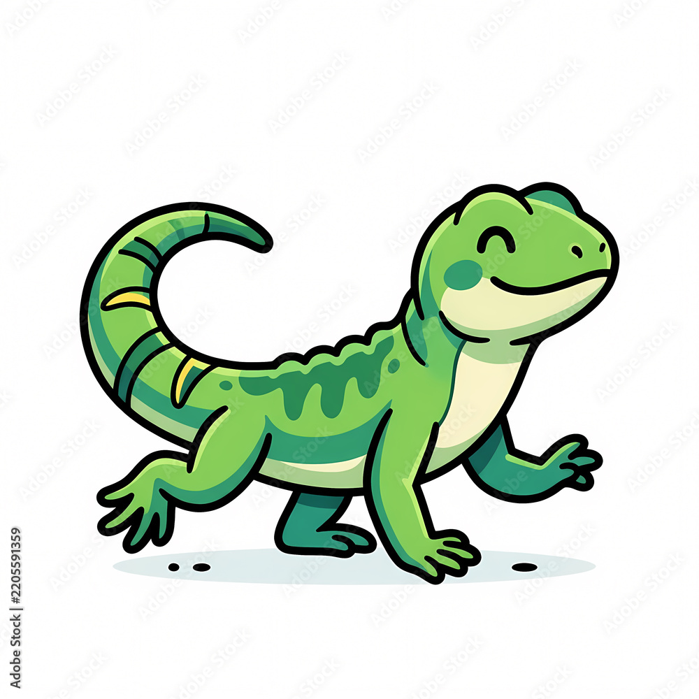 Obraz premium Adorable Vector Illustration of a Cute Green Lizard Character in a Cheerful Walking Pose, Friendly Reptile Cartoon Mascot with a Striped Curled Tail Isolated on a White Background