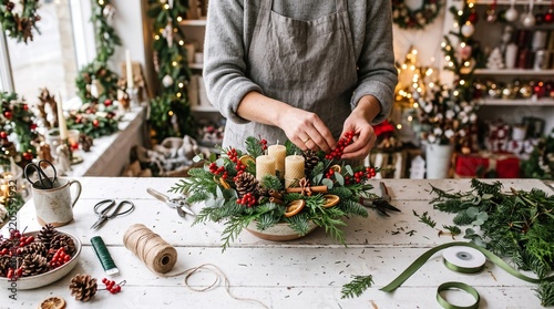 Commercial lifestyle stock photo of a focused female florist arranging a festive Christmas centerpiece with candles, pinecones, and red poinsettias in a flower shop.