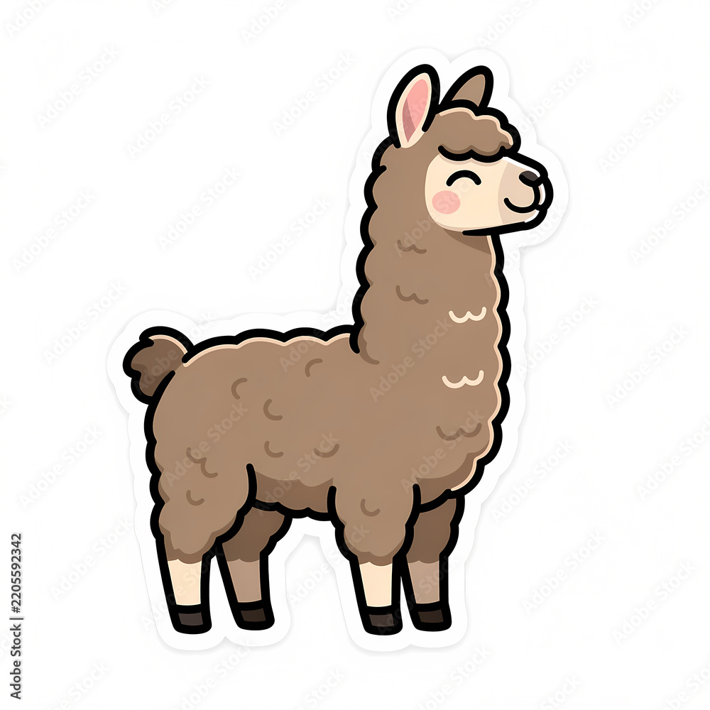 Obraz premium Cute Vector Illustration of a Brown Llama Standing in Profile, Fluffy Alpaca Character with a Smile Isolated on White Background for Children's Design, Sticker, and Educational Media