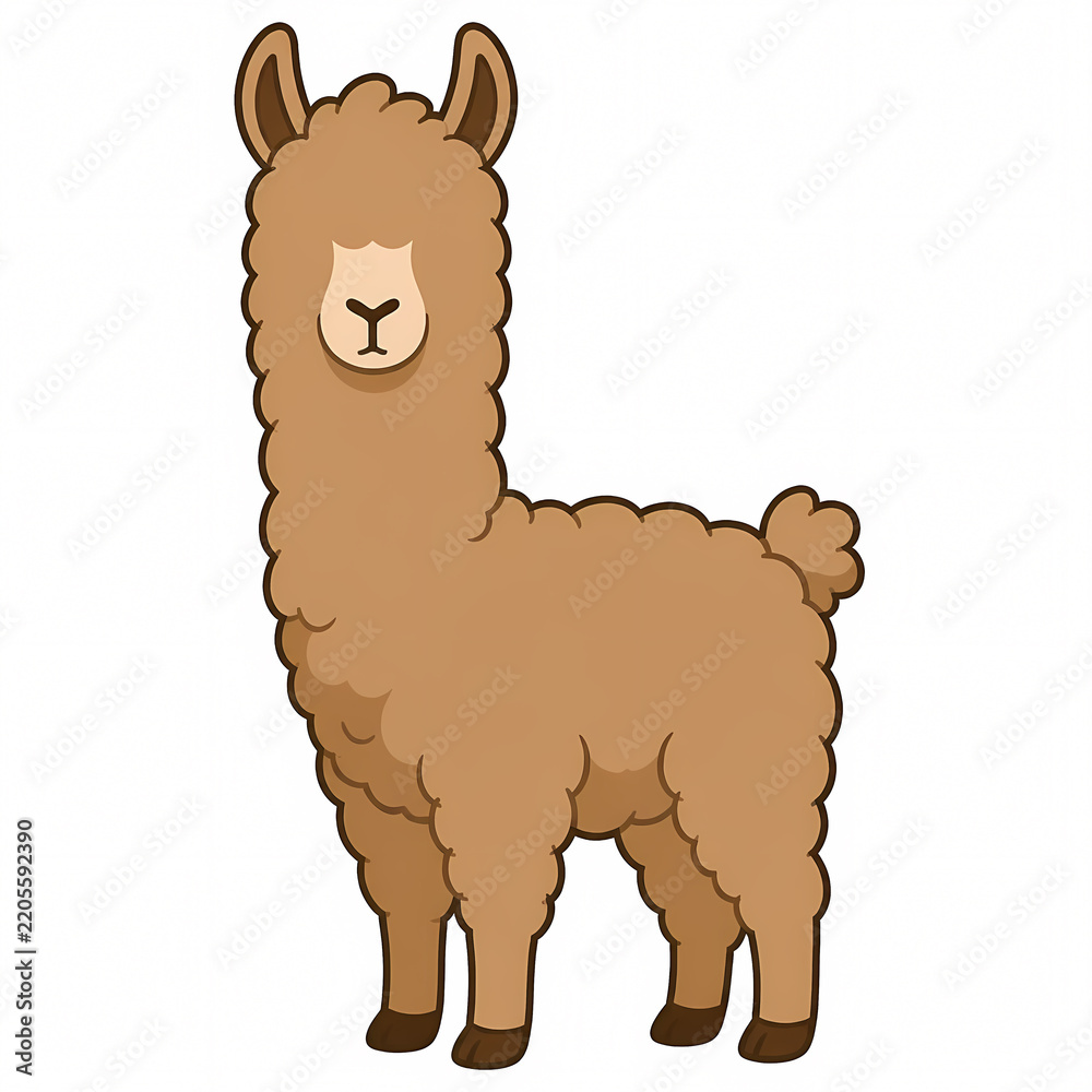 Obraz premium Cute Vector Illustration of a Fluffy Brown Llama Standing in a Full Profile Pose, Isolated Cartoon Animal Character Design for Children's Books and Educational Graphic Projects