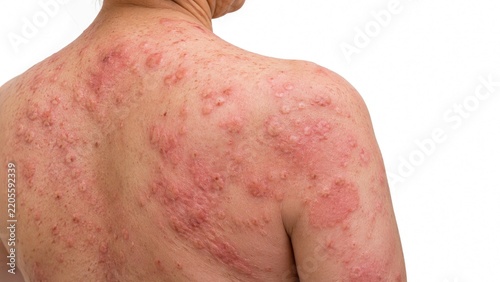 Detailed human skin showing widespread red papular lesions across back shoulder and upper arm isolated on white background