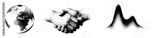 Set of halftone stipple vector illustrations featuring a world globe business handshake and abstract statistical wave curve