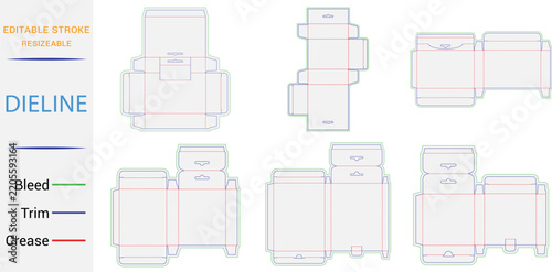 Collection of six various packaging box dieline templates featuring green bleed, blue trim, and red crease lines for folding and assembly
