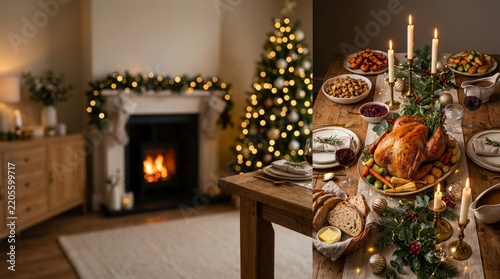 Cozy fireplace with christmas table and lit candles in warm living room