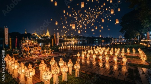 Beautiful Festival Night with Floating Lanterns and