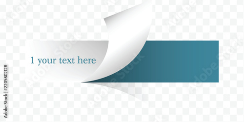 Blank blue horizontal banner label with peeled paper curl effect and sample text space isolated on transparent background for infographic option or website tag