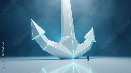 Futuristic low poly anchor illustration, giant metallic nautical symbol with glowing lines, business stability concept art
