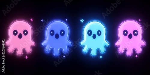 many simple cute cartoon ghosts in pink and blue glowing neon colors on a black background in the style of pastel goth, Generative AI