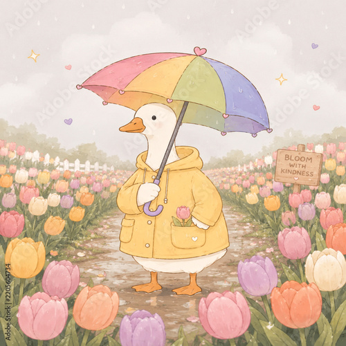 Cute goose in yellow coat with umbrella in tulip patch and enjoy beautiful flowers background