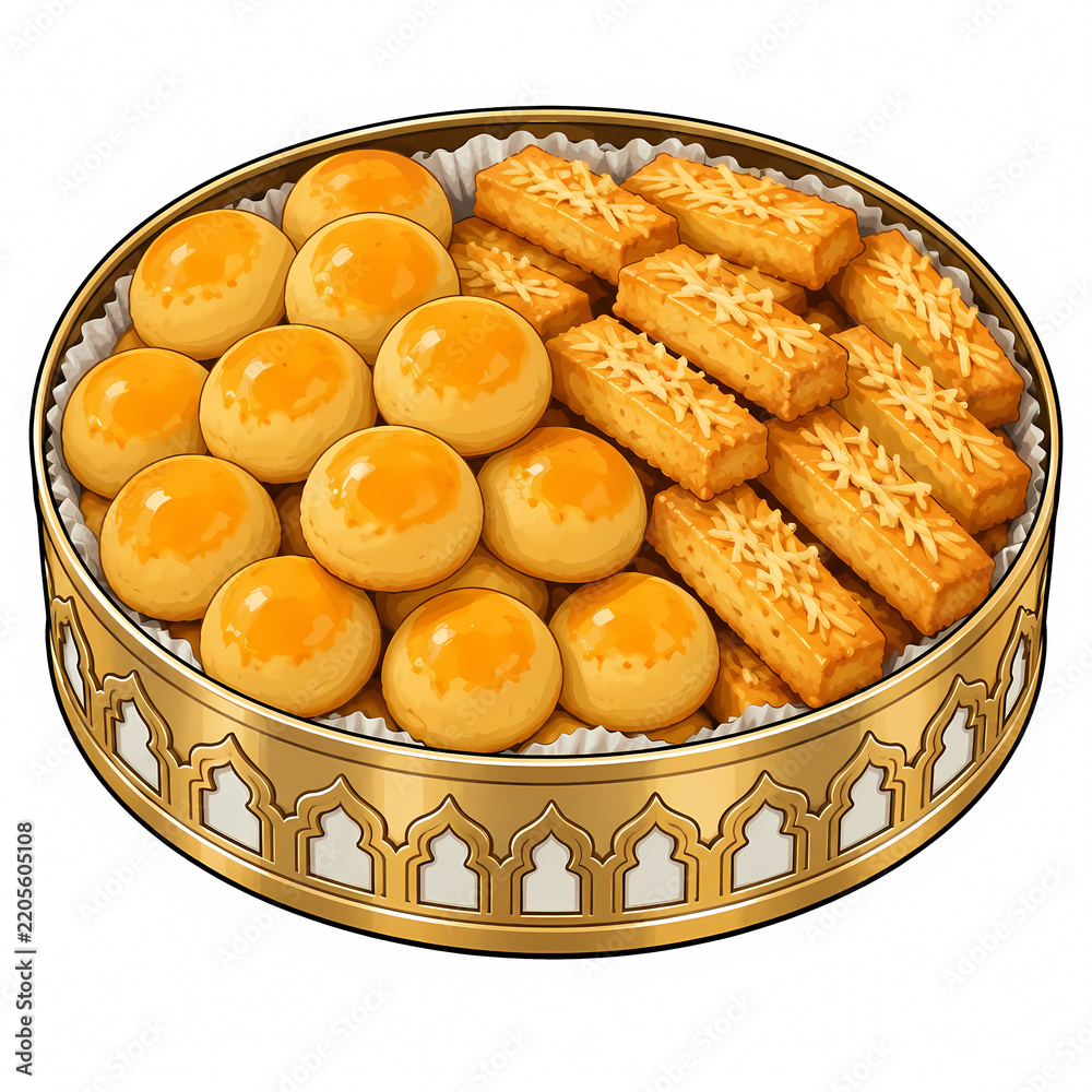 Obraz premium Vector illustration of a golden decorative tray filled with traditional Indonesian cookies, featuring Nastar pineapple tarts and Kastengel cheese sticks for Eid al-Fitr celebration.