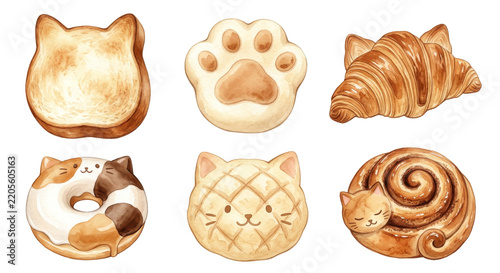 かわいい猫モチーフのパンとベーカリー 水彩イラスト素材セット　Cute Cat-Themed Bread and Bakery Watercolor Illustration Set