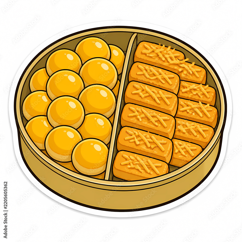 Obraz premium Vector Illustration of a Round Tray Filled with Traditional Indonesian Eid al-Fitr Cookies, Featuring Nastar Pineapple Tarts and Kastengel Cheese Cookies, Isolated on White Background