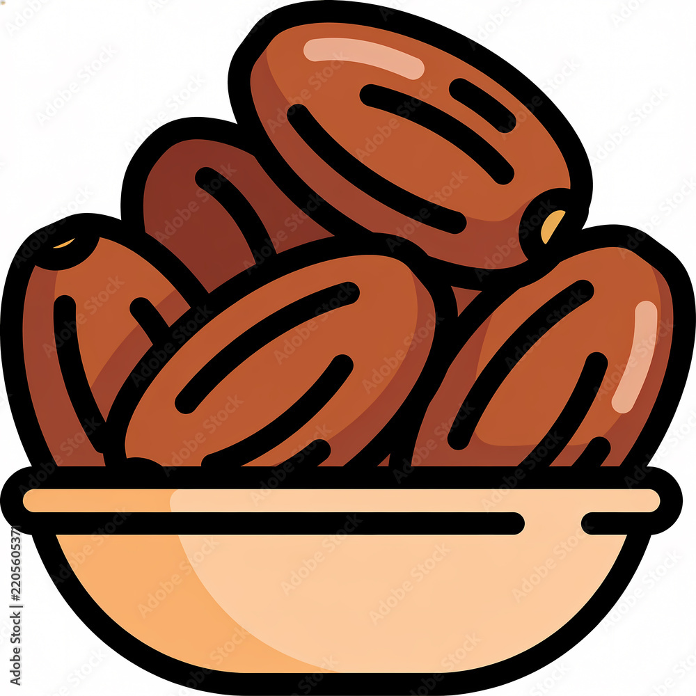 Obraz premium Vector illustration of a set of brown dried dates kurma fruit in a bowl isolated on white background, healthy organic snack concept for Ramadan Kareem and Middle Eastern food theme
