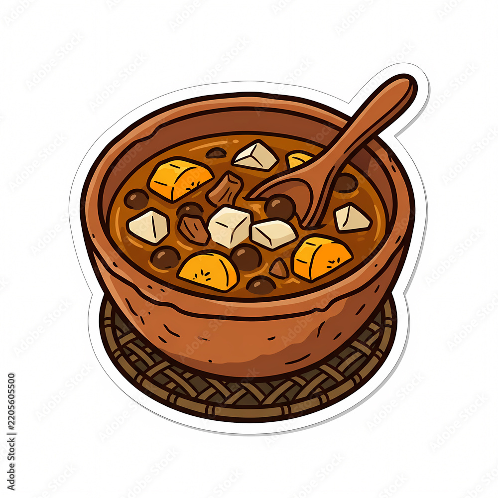 Obraz premium Vector illustration of a traditional bowl of fruit compote with banana and sweet potato in palm sugar syrup, isolated on white background with a sticker style white border design.