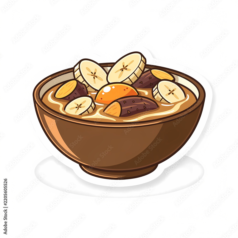Obraz premium Vector illustration of a traditional bowl of fruit compote or Indonesian Kolak with sliced bananas and sweet potatoes in palm sugar sauce, isolated on a white background for design.