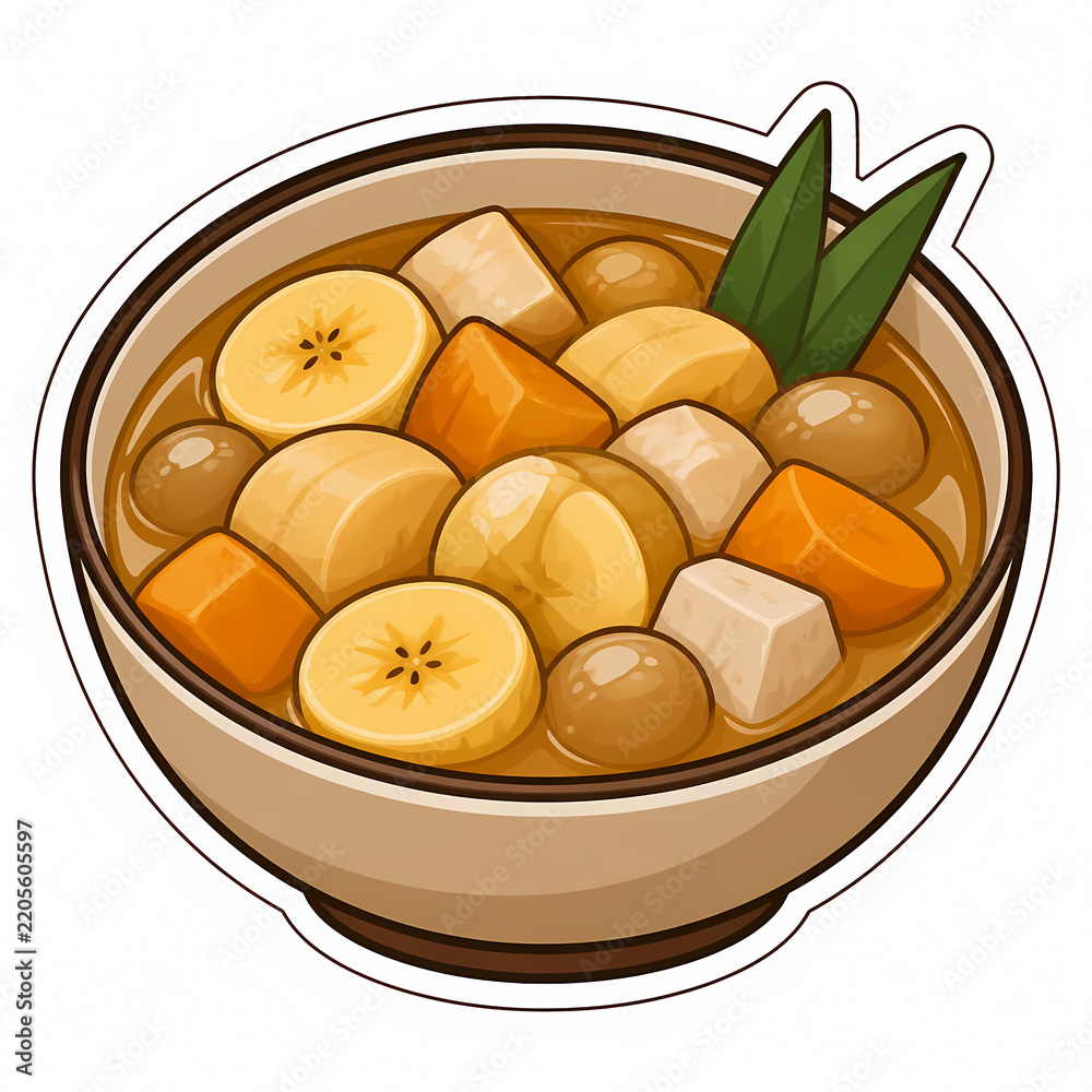 Obraz premium Vector illustration of a traditional Indonesian dessert bowl of Kolak, featuring sliced bananas, sweet potatoes, and aromatic pandan leaves in sweet palm sugar and coconut milk soup.