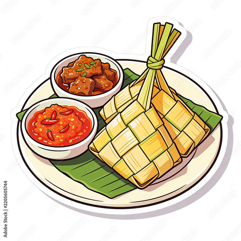 Obraz premium Vector illustration of a traditional plate of ketupat rice cakes with beef rendang curry and spicy sambal chili sauce served on a banana leaf for Eid Mubarak celebration stickers.