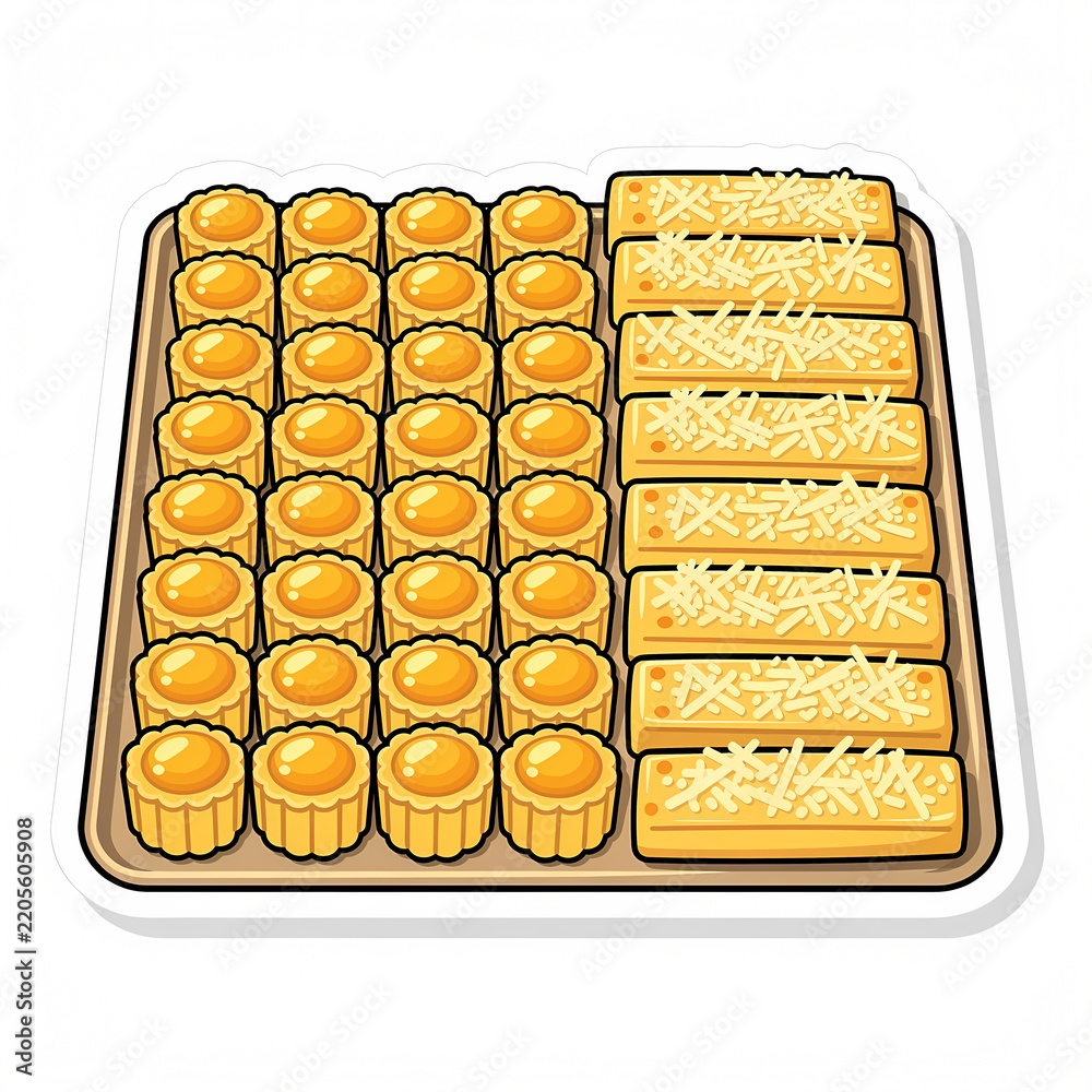 Obraz premium Vector illustration of a tray with traditional Indonesian Lebaran cookies featuring Nastar pineapple tarts and Kastengel cheese sticks, isolated on a white background sticker style