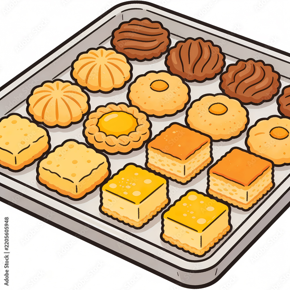 Obraz premium Vector Illustration of a Tray Filled with Assorted Traditional Eid al-Fitr Cookies or Lebaran Snacks, Featuring Pineapple Tarts, Cheese Biscuits, and Butter Cookies for Celebration