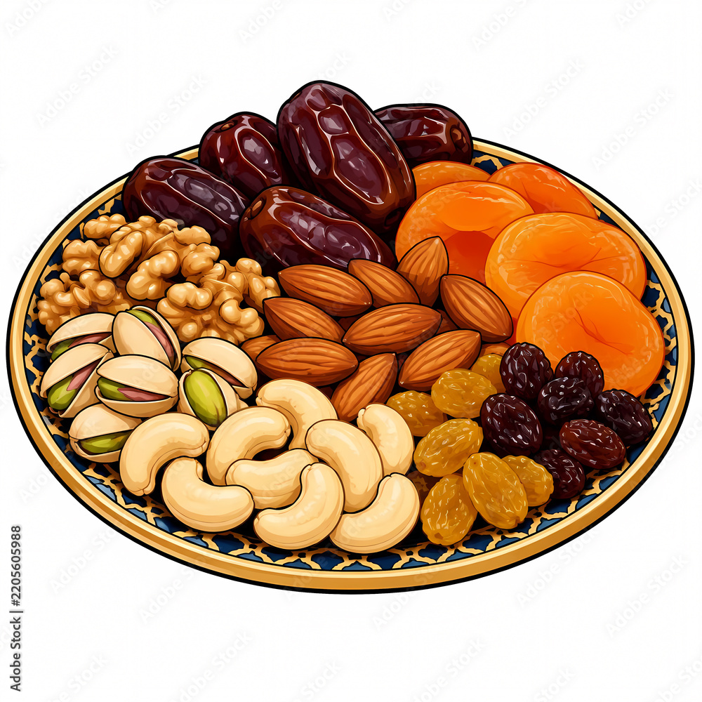 Obraz premium Vector illustration of an ornate ceramic plate filled with assorted dried fruits and nuts including dates, apricots, cashews, almonds, pistachios, walnuts and raisins, isolated on white