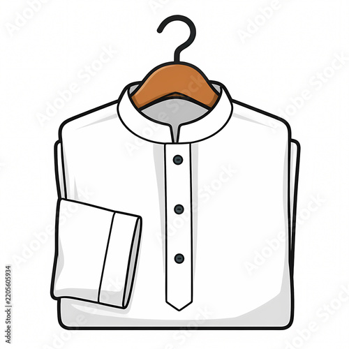 Vector Illustration of a White Folded Koko Shirt with Mandarin Collar on a Wooden Hanger, Traditional Islamic Men's Apparel Isolated on White Background for Fashion Design and Retail