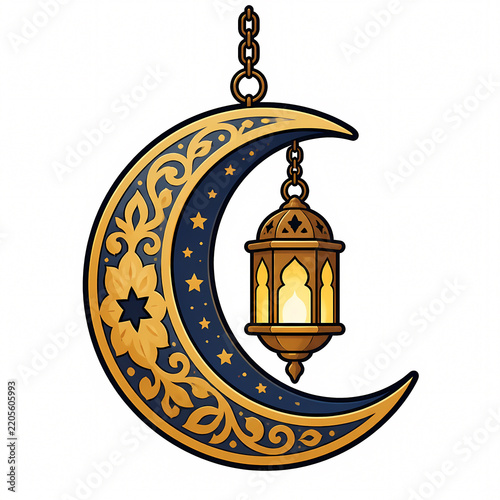 Vector illustration of an ornate decorative gold crescent moon with hanging lantern fanoos featuring intricate floral patterns and stars for Ramadan Kareem and Eid Mubarak celebrations.