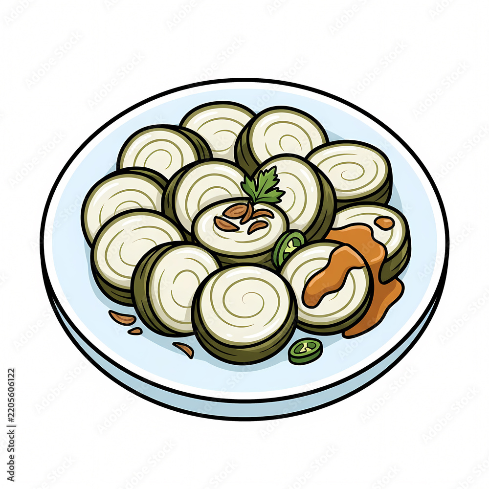Obraz premium Vector illustration of Indonesian traditional lontong rice cakes served on a white plate with savory peanut sauce, crispy fried shallots, and green chili, isolated on white background.