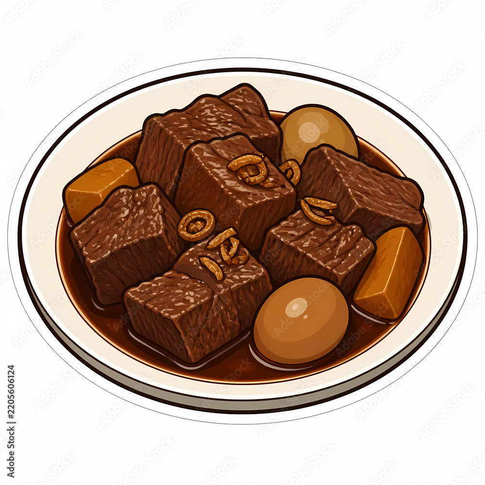 Obraz premium Vector Illustration of Indonesian Semur Daging or Beef Stew with Sweet Soy Sauce, Potatoes, and Hard Boiled Eggs Served on a Plate Isolated on White Background for Food Design