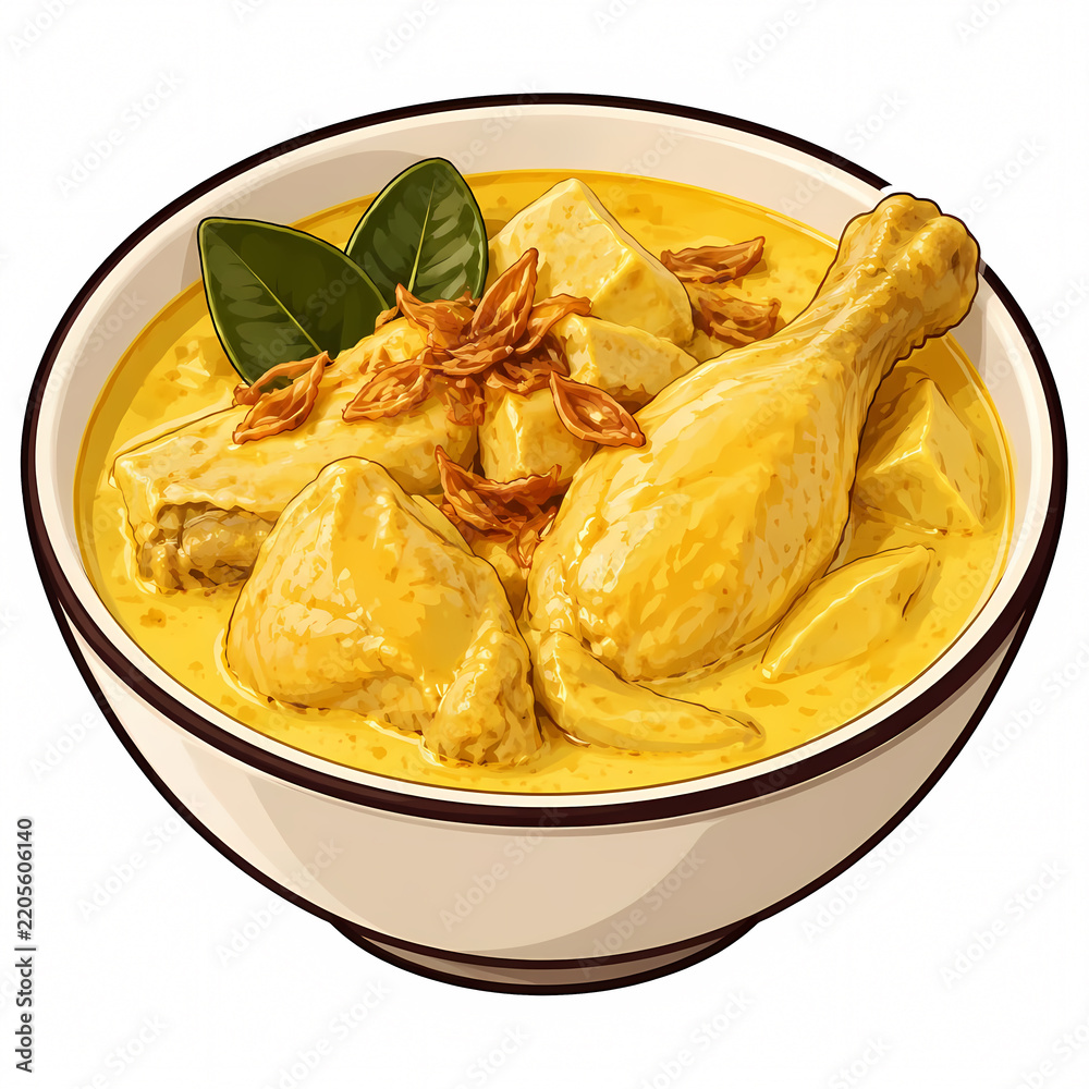 Obraz premium Vector Illustration of Opor Ayam, a Traditional Indonesian Chicken Curry Cooked in Rich Coconut Milk and Spices, Served in a White Ceramic Bowl with Fried Shallots and Herb Garnish.