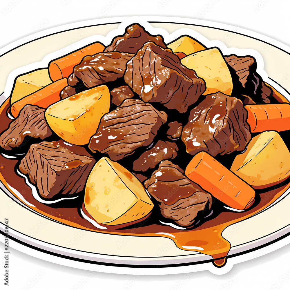 Obraz premium Vector illustration of Indonesian semur beef stew featuring tender braised meat chunks, boiled potatoes, and carrots in a rich savory brown gravy, isolated on a white plate graphic.