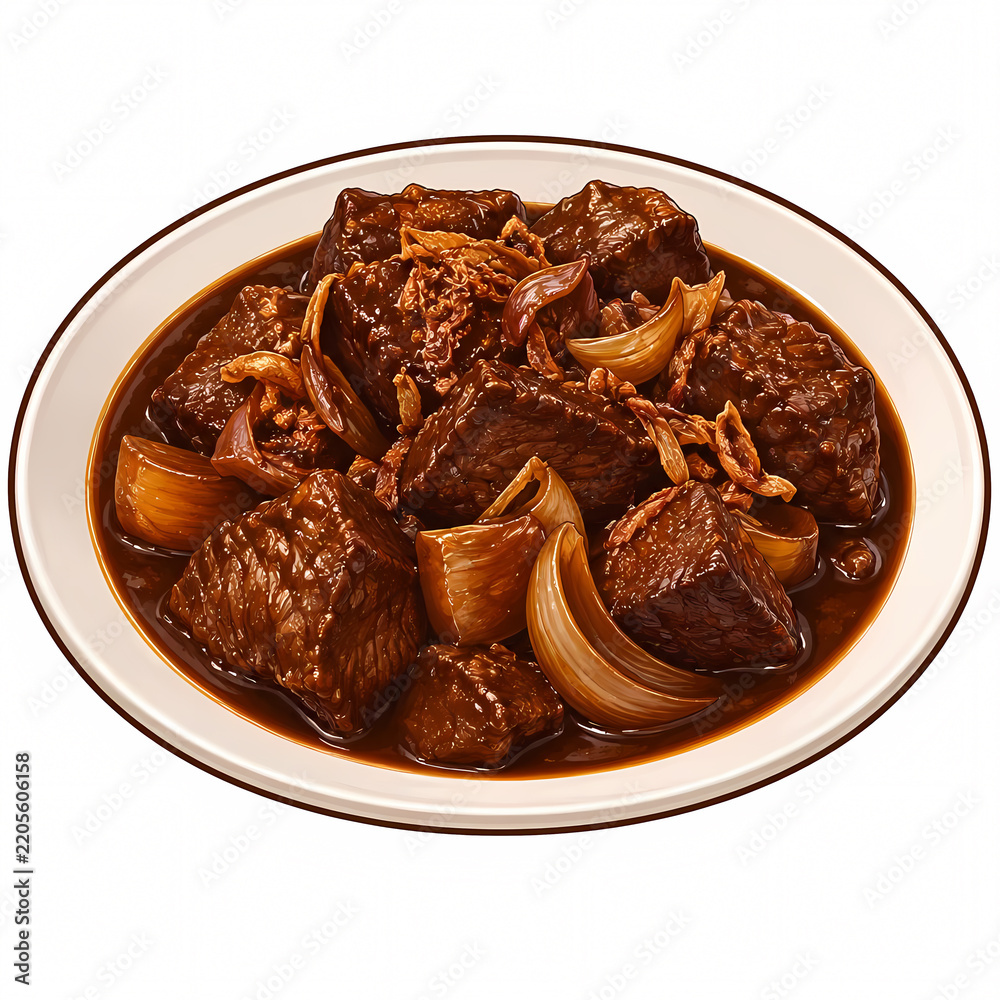 Obraz premium Vector Illustration of Semur Daging or Indonesian Beef Stew with Tender Meat Cubes, Sweet Soy Sauce Gravy, and Fried Shallots Served on a Plate Isolated on White Background