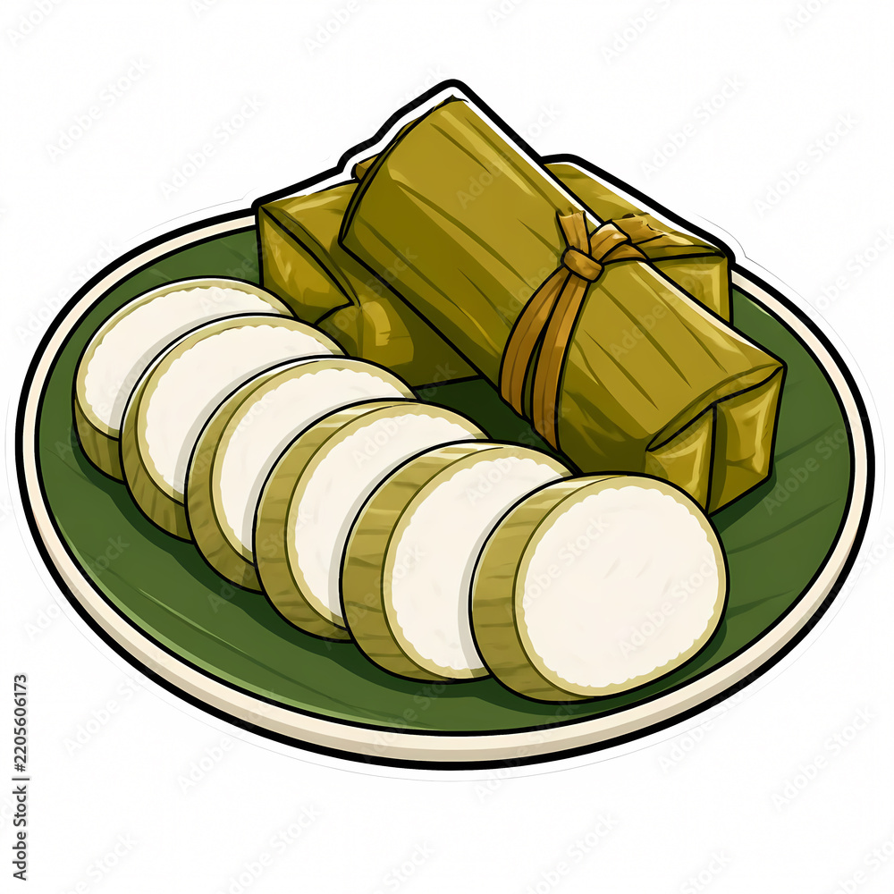 Obraz premium Vector Illustration of Sliced and Whole Lontong Rice Cakes Served on a Plate with Banana Leaf, Traditional Indonesian and Southeast Asian Cuisine for Culinary and Food Design