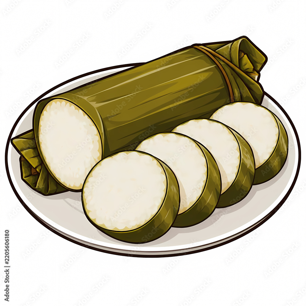 Obraz premium Vector Illustration of Sliced Lontong Indonesian Rice Cake Wrapped in Banana Leaf Served on a Plate, Traditional Southeast Asian Food Isolated on White Background for Culinary Design