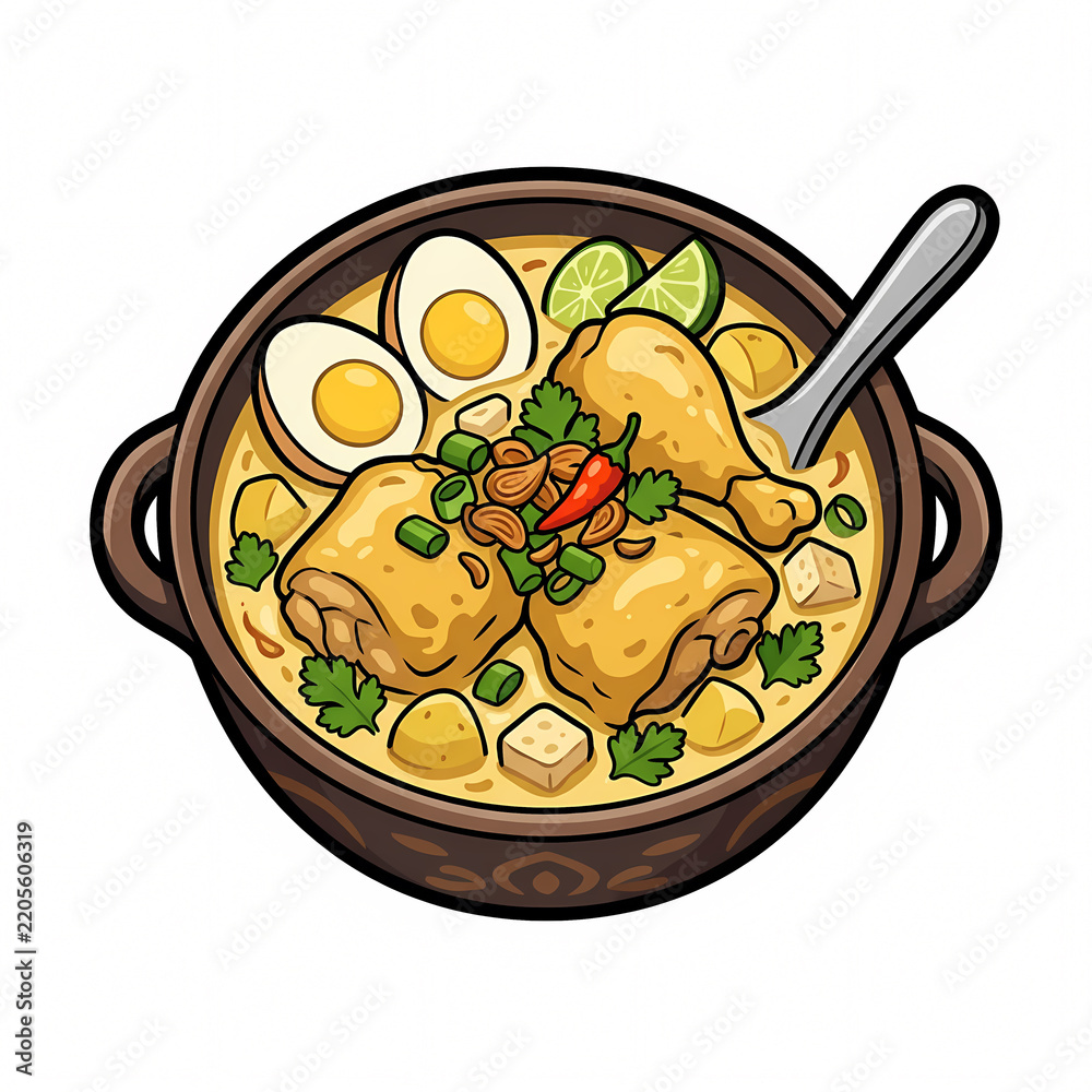 Obraz premium Vector illustration of traditional Indonesian Opor Ayam, a yellow chicken curry with coconut milk, served with boiled eggs, lime, and chili in a clay bowl isolated on white background.