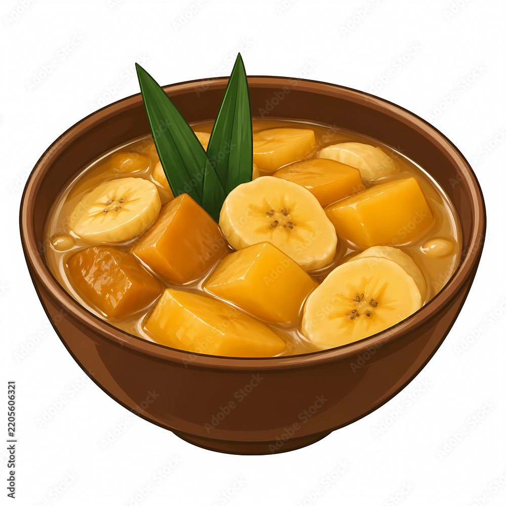 Obraz premium Vector Illustration of Traditional Indonesian Sweet Dessert Called Kolak Pisang, Featuring Sliced Bananas and Sweet Potato Cubes in Palm Sugar Syrup and Coconut Milk Sauce.