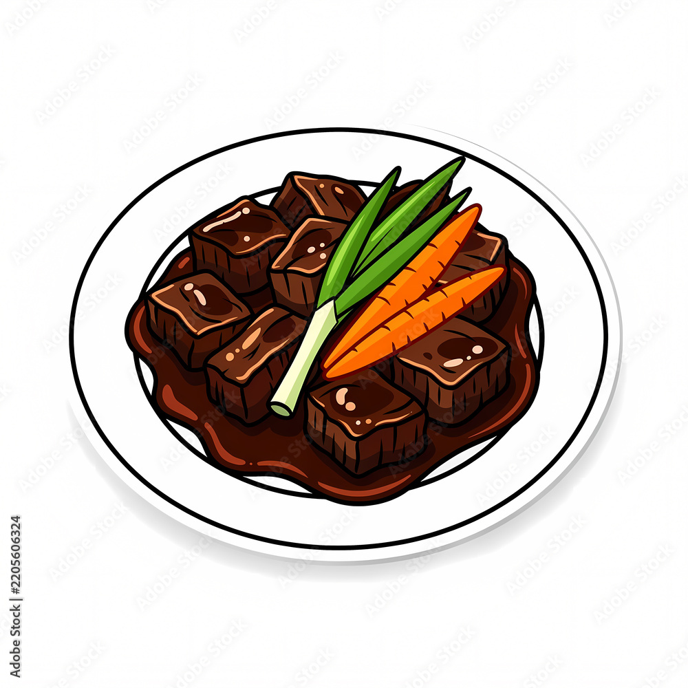 Obraz premium Vector Illustration of Traditional Indonesian Semur Beef Stew with Carrots and Scallions Served on a White Plate, Isolated Sticker Style Graphic for Menu Design and Culinary Projects