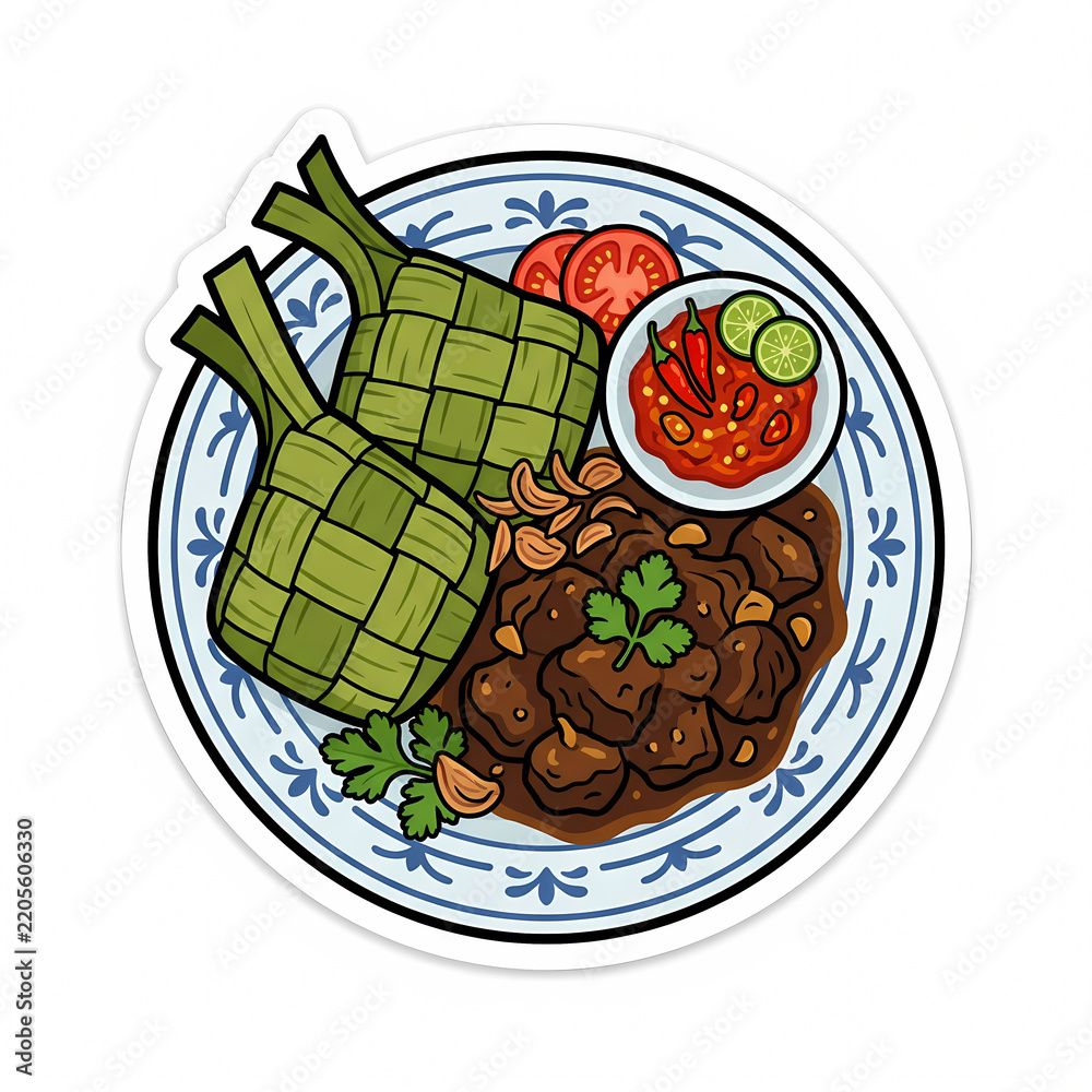 Obraz premium Vector Illustration of Traditional Indonesian Ketupat with Beef Rendang Spicy Sambal and Lime on a Patterned Plate Flat Style Food Sticker Isolated on White for Eid Al-Fitr Celebration