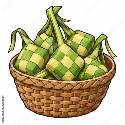 Vector Illustration of Traditional Ketupat Rice Cakes in a Woven Basket, Symbol of Eid al-Fitr and Ramadan Celebration in Indonesia and Malaysia, Isolated on White Background