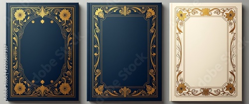 Set of decorative book covers with ornate golden floral patterns on blue and cream backgrounds.